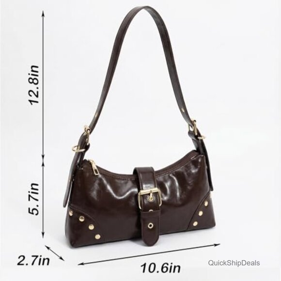 PU Leather Shoulder Bag with Adjustable Strap Studded Vintage Purse - Picture 4 of 6